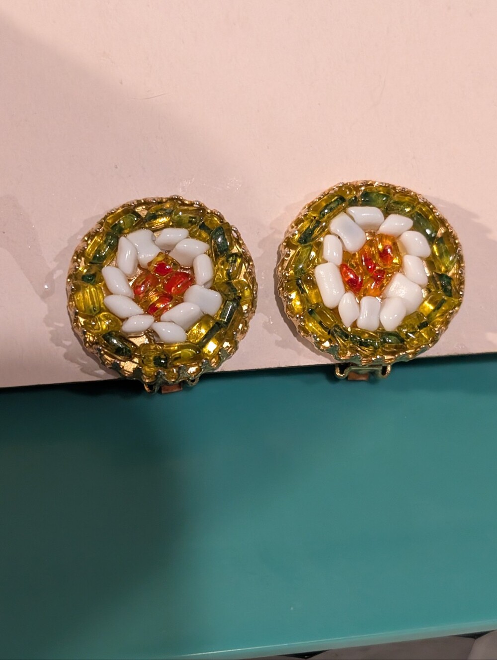 Hobe Gold-Tone Floral Beaded Clip Earrings in Yellow and White